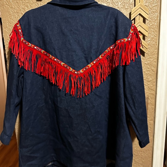 Vintage Hunters Run Women’s Denim Jacket Red Fringe Thunderbird  Size 1X - Picture 3 of 4